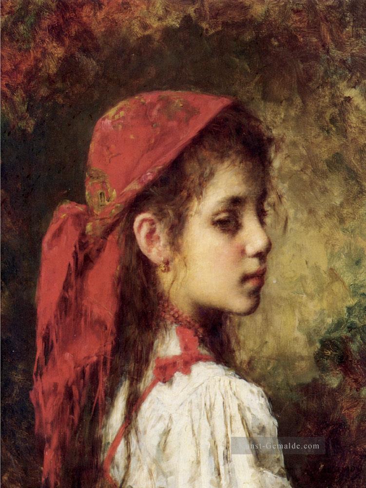 Porträt eines jungen Mädchens in einem roten Halstuch Mädchen Porträt Alexei Harlamov Ölgemälde